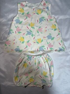 Vintage Baby Girls 2Pc‎ Set 18M Pastel Floral Apron Top Bloomers Outfit